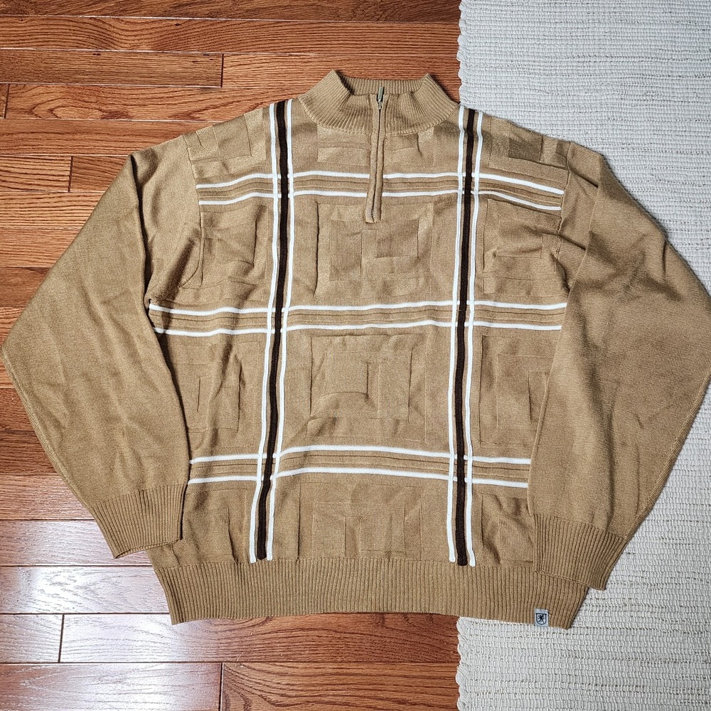 Stacy Adams Sweater XXL Tan Brown 1/4‎ Zip Mock Neck Geometric Grandpa